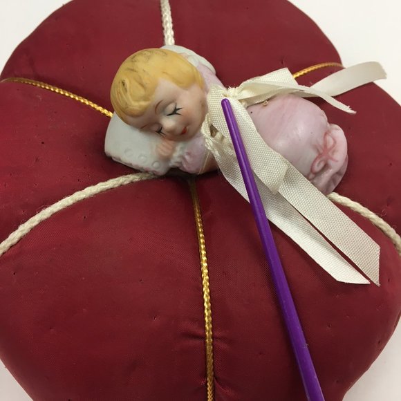 Vintage Pin Cushion with Bisque Sleeping Baby - Picture 4 of 6